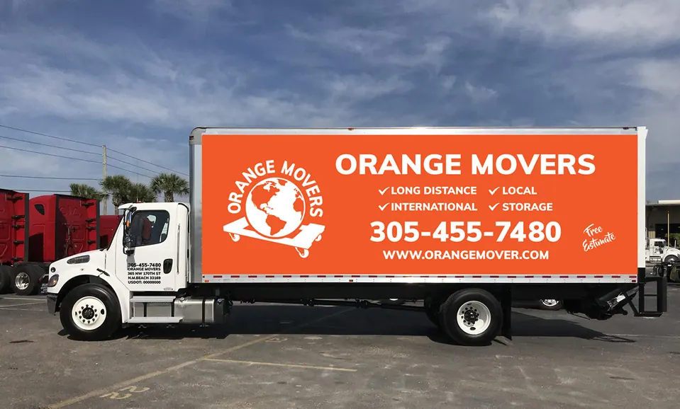 Orange Movers branded moving truck in Pompano Beach, FL